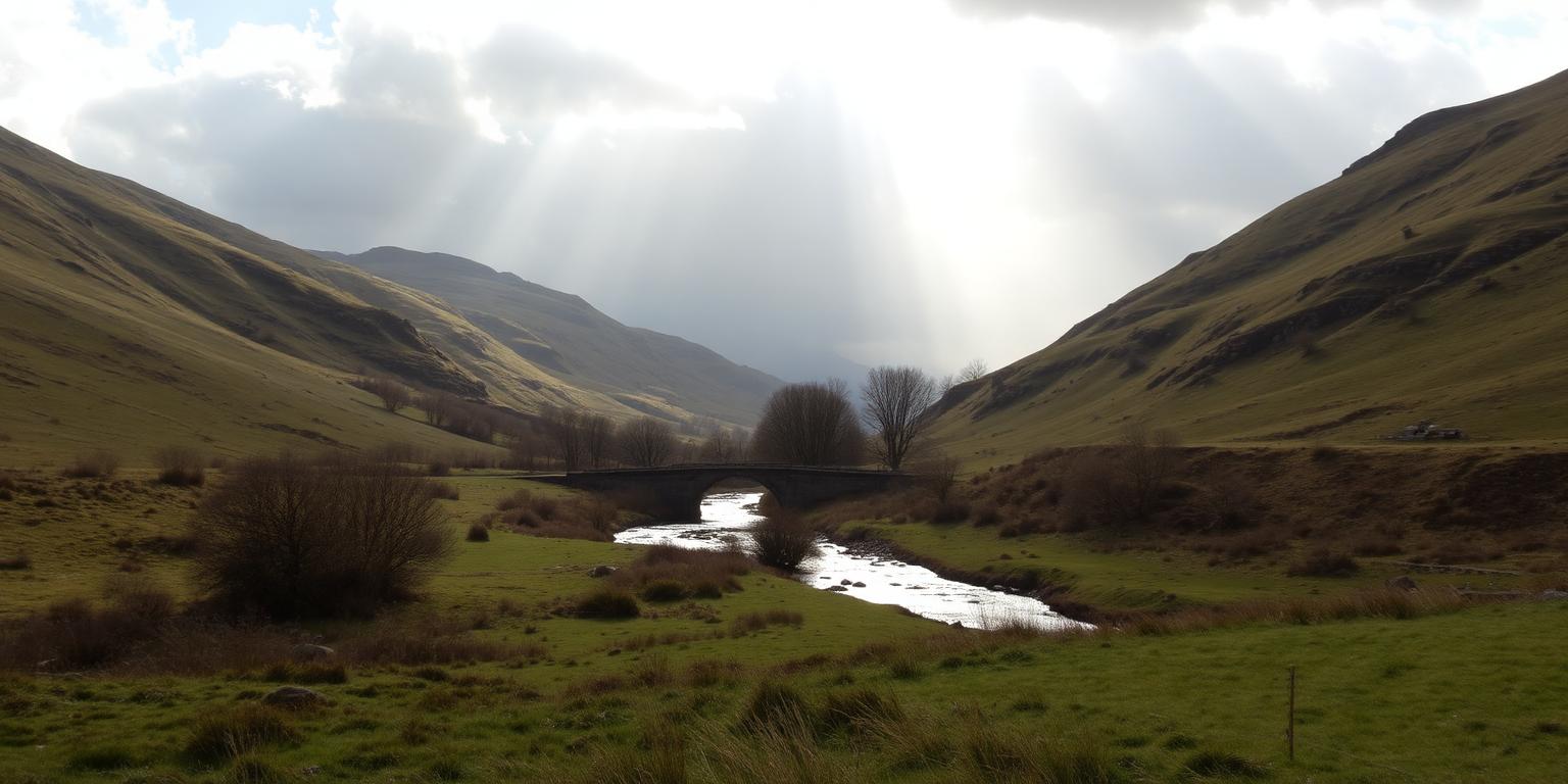 Peak District valley with a stone bridge and stream in Derbyshire