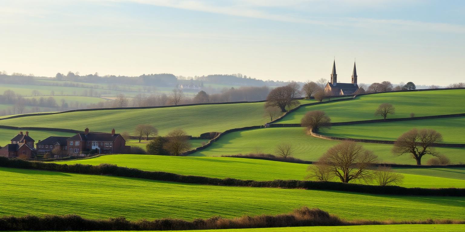 Rolling Leicestershire countryside with a distant village church spire