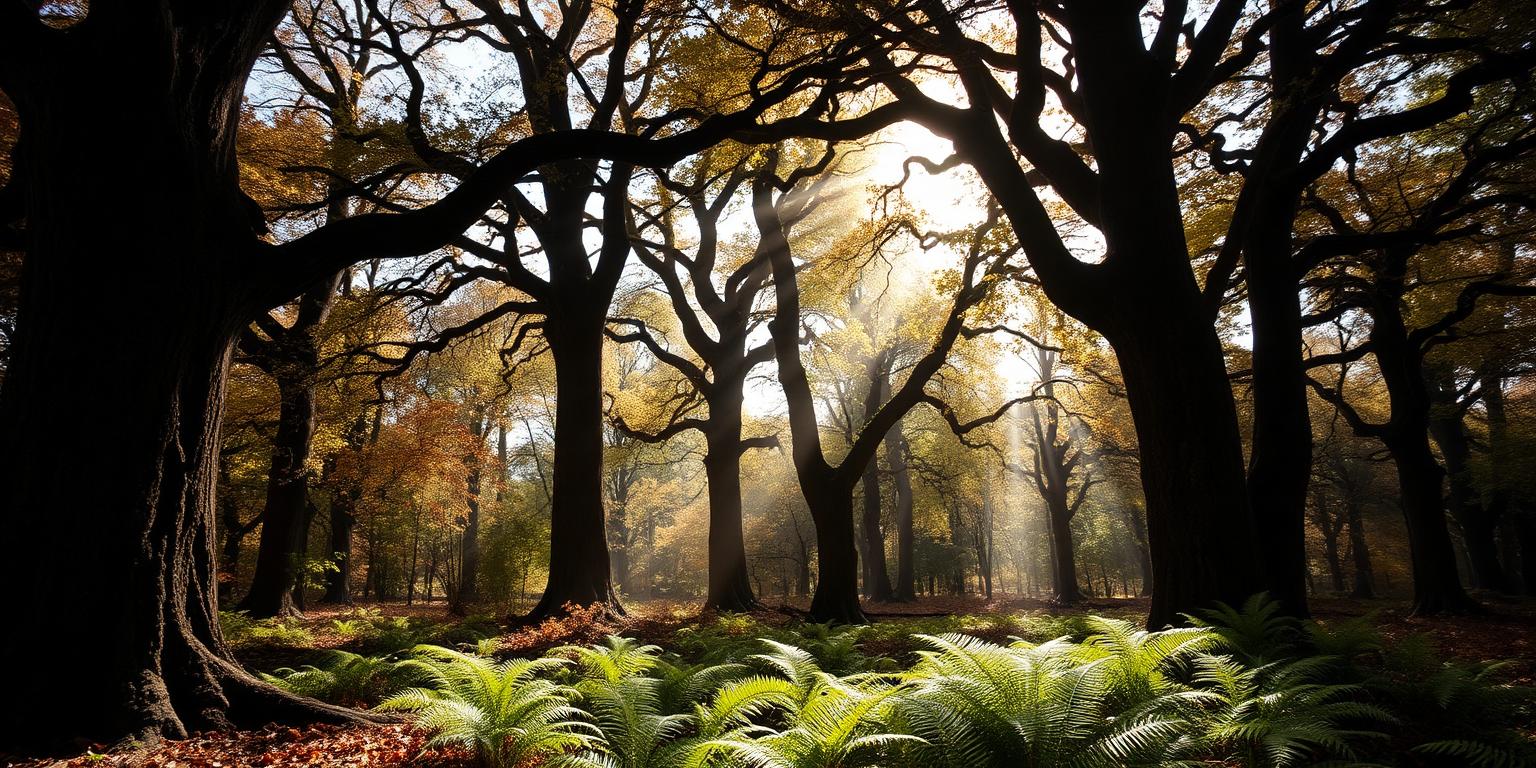 Ancient Sherwood Forest oaks with autumn sunlight through the canopy