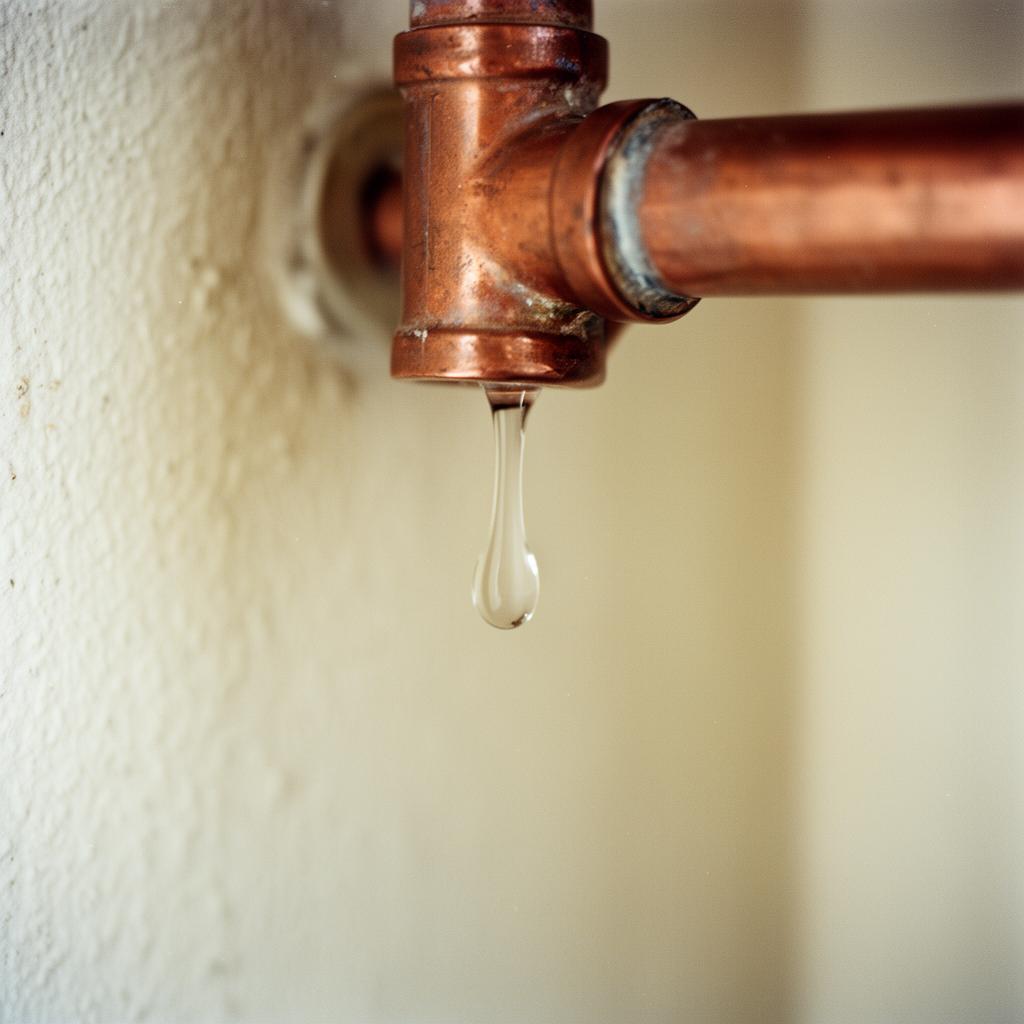 Close-up of a water droplet forming on a copper pipe joint