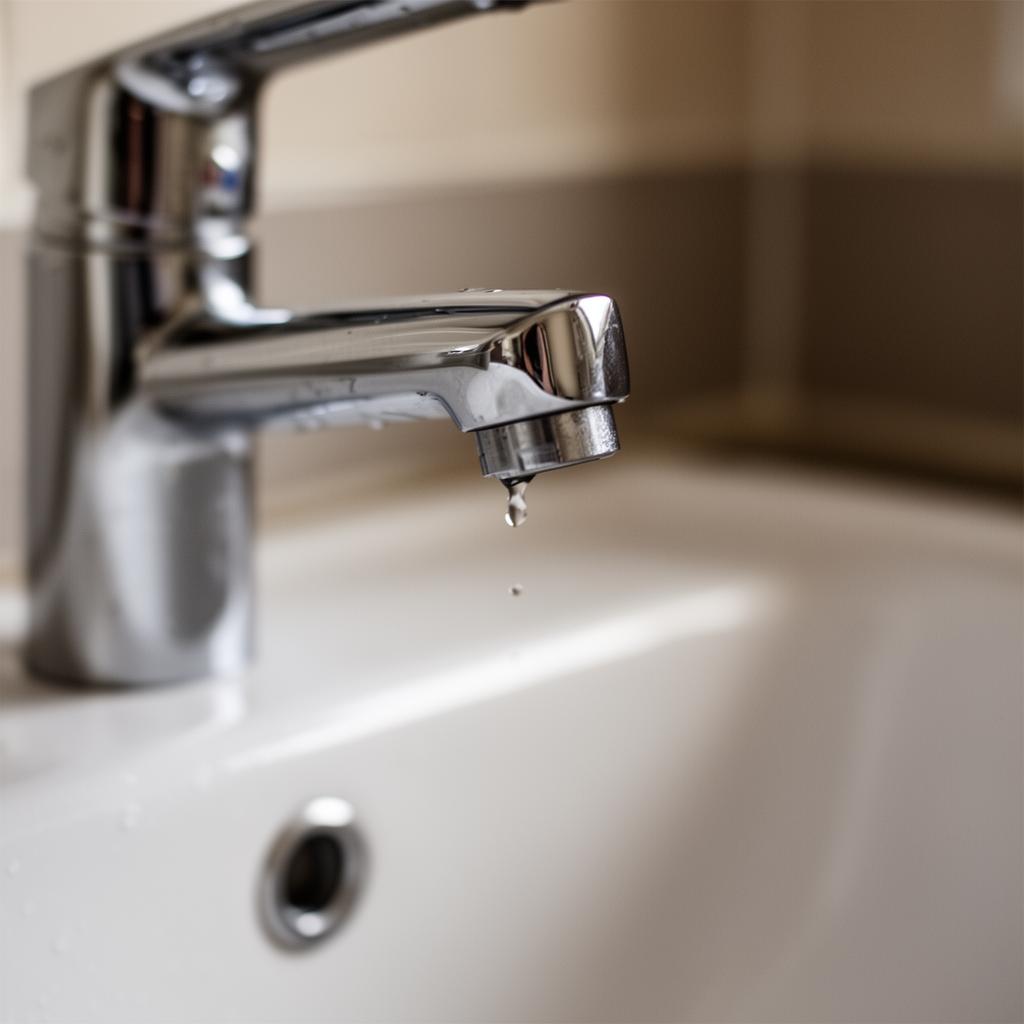 Chrome mixer tap dripping over a white ceramic basin