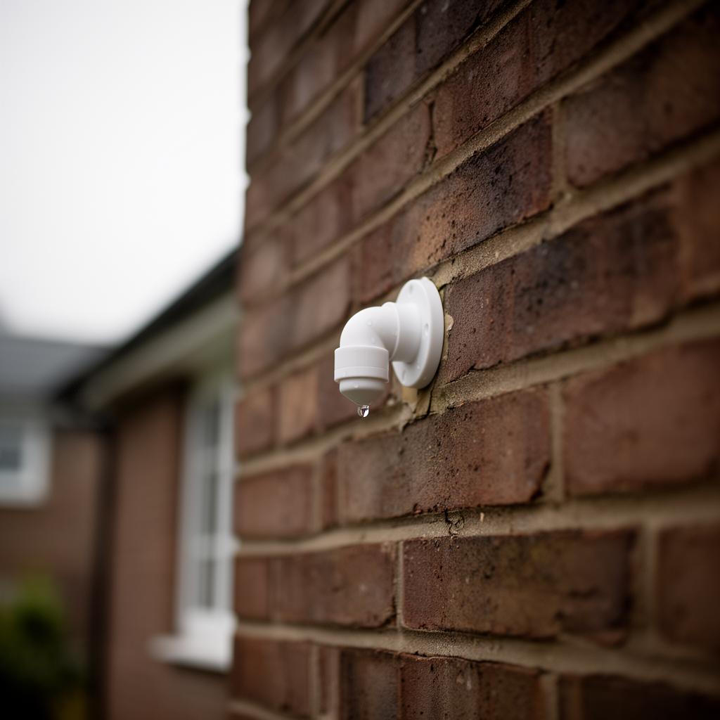 External white overflow pipe on a red brick house wall