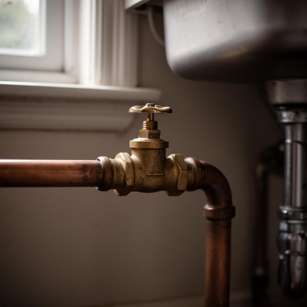 Brass stopcock valve on copper pipework under a sink