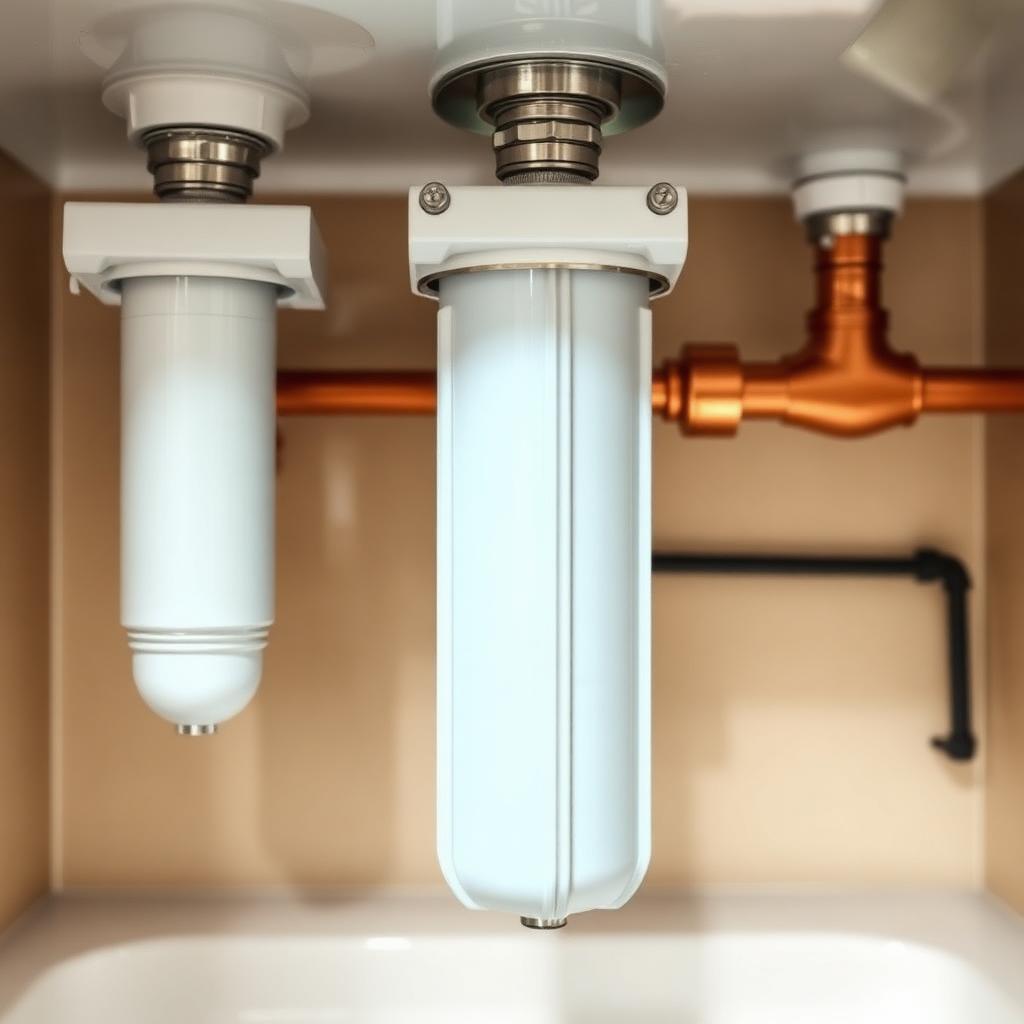 Under-sink water filter housings connected to polished copper pipework